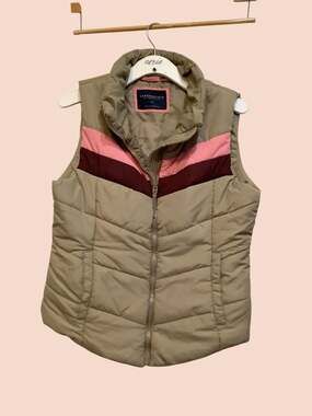 Aeropostale Puffer Vest Tan with Pink Stripe, Size Large - Quilted Chevron